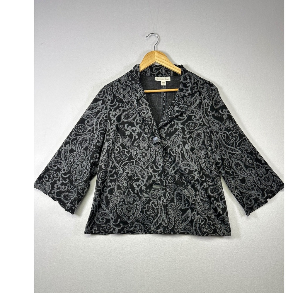 Dark Academia Coldwater Creek Womens 10 Black Paisley Jacquard 3/4 Sleeve Blazer